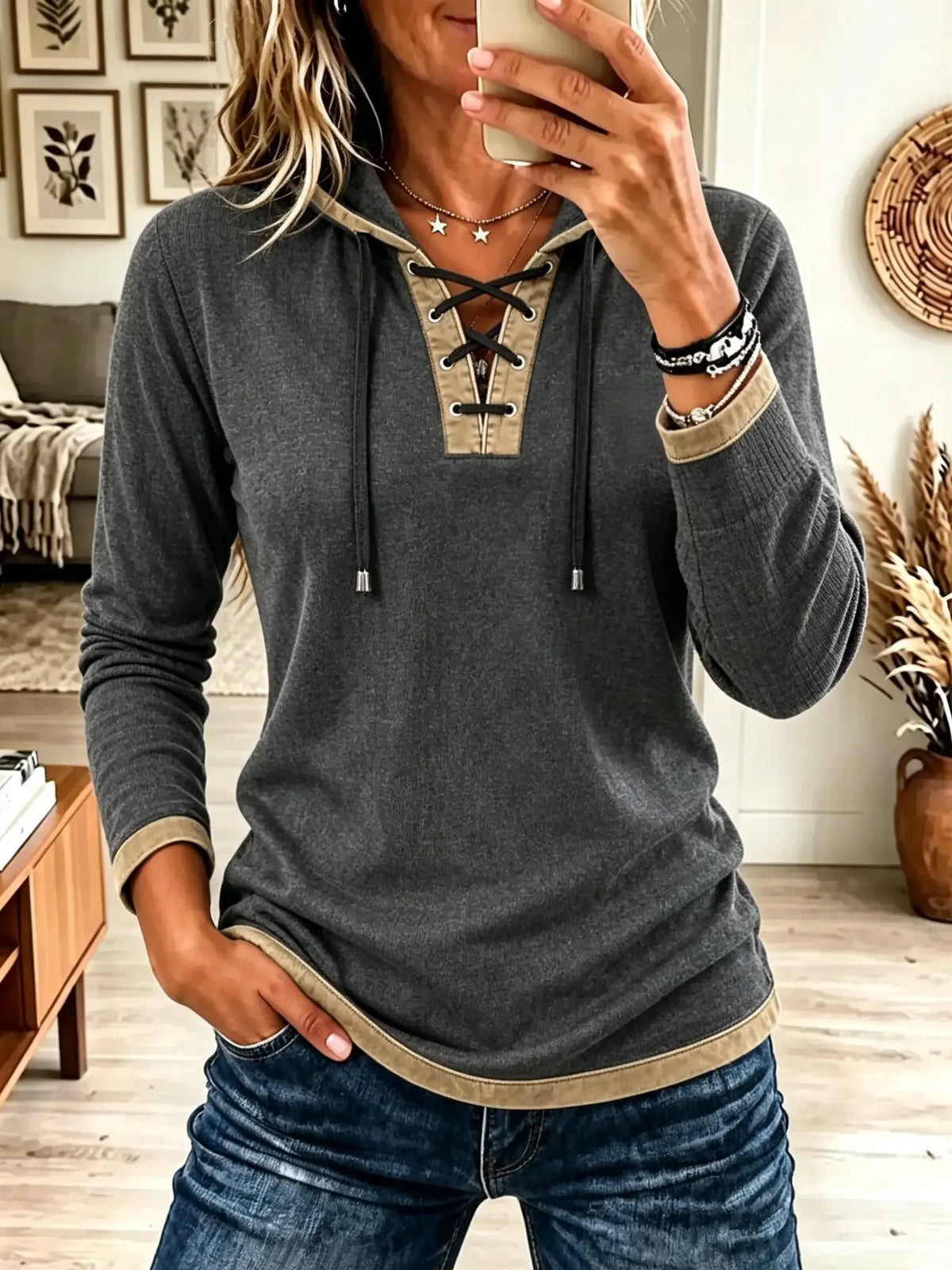 Women's Lace-Up Grommet Colorblock Hooded Top