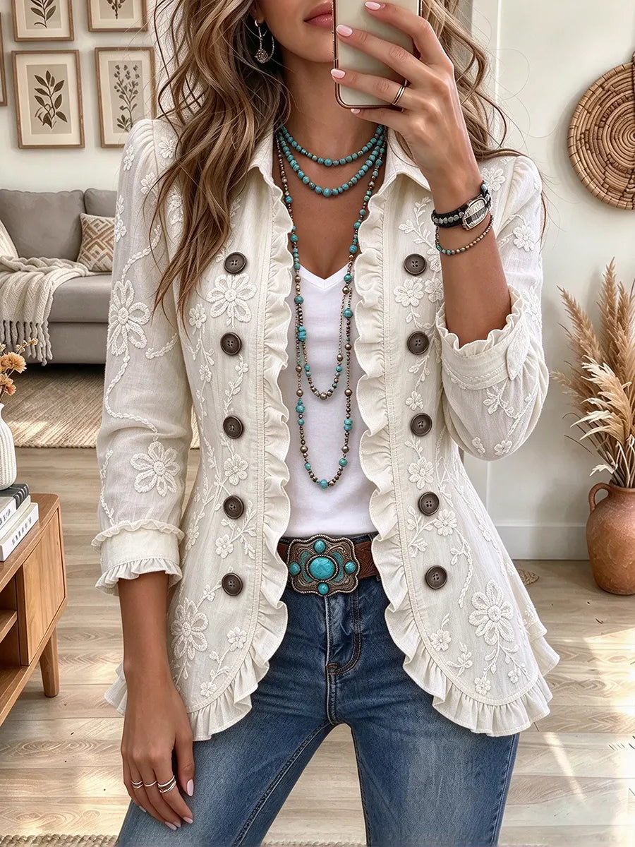 Women's Boho Floral Embroidered Print Blazer Jacket