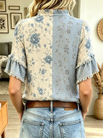 Retro Floral Art Print Casual Stylish Ruffle Short Sleeve Cotton Linen Shirt