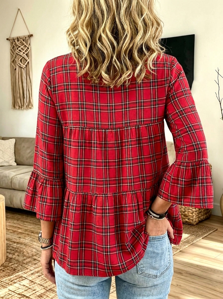 Women Red Plaid Tiered Ruffle Bell 3/4 Sleeve Blouse Top