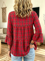 Women Red Plaid Tiered Ruffle Bell 3/4 Sleeve Blouse Top