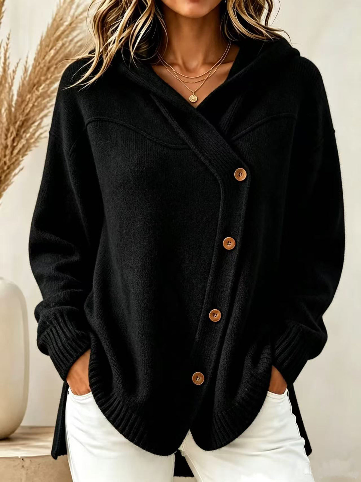 Women Hooded Diagonal Button Wrap Knit Sweater