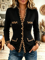 Women's Leopard Contrast Trim Button-Front Knit Blazer