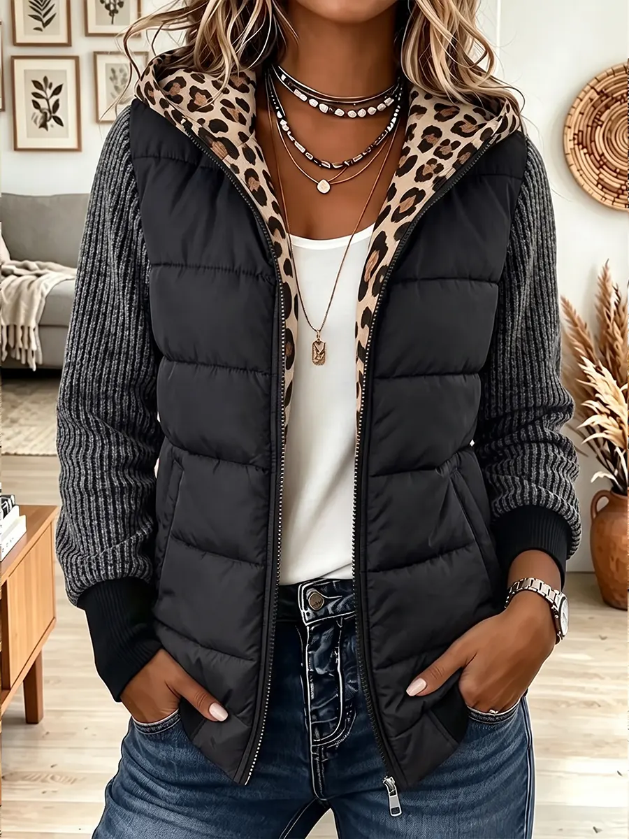 Vintage Elegant Leopard Print Patchwork Quilted Winter Jacket