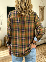 Women Fall Green Plaid Striped Contrast Henley Collar Long Sleeve Blouse