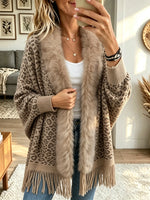 Women's Leopard Faux Fur Collar Fringe Cardigan