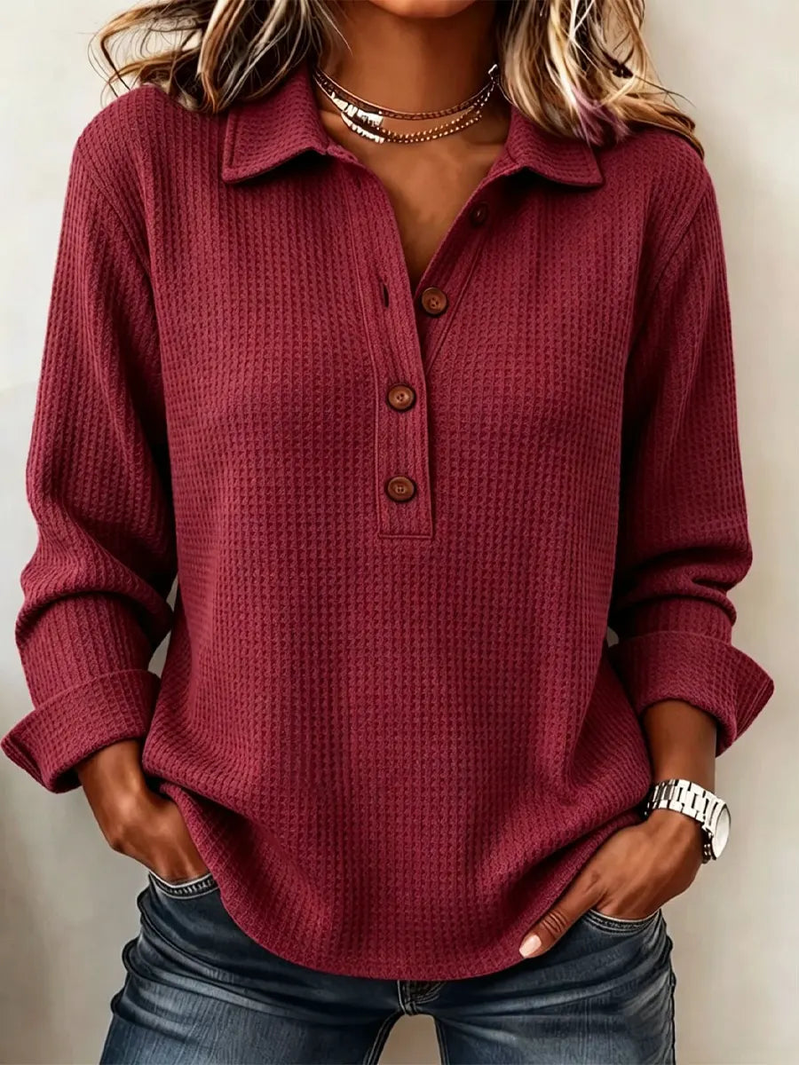 Classic Solid Color Lapel Art Casual Long Sleeve Waffle Shirt