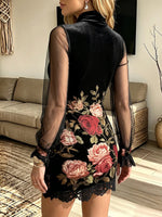 Vintage Elegant Velvet Flowers Patchwork Sheer Mesh Dress