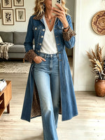 Women's Long Denim Trench Coat, Leopard Print Lining Lapel Button Front Long Jean Jacket