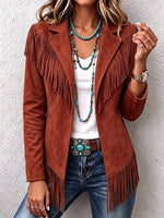 Women Western Faux Suede Fringe Lapel Long Sleeve Jacket