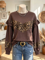 Women's Chevron Leopard Ruffled Shoulder Sweatshirt