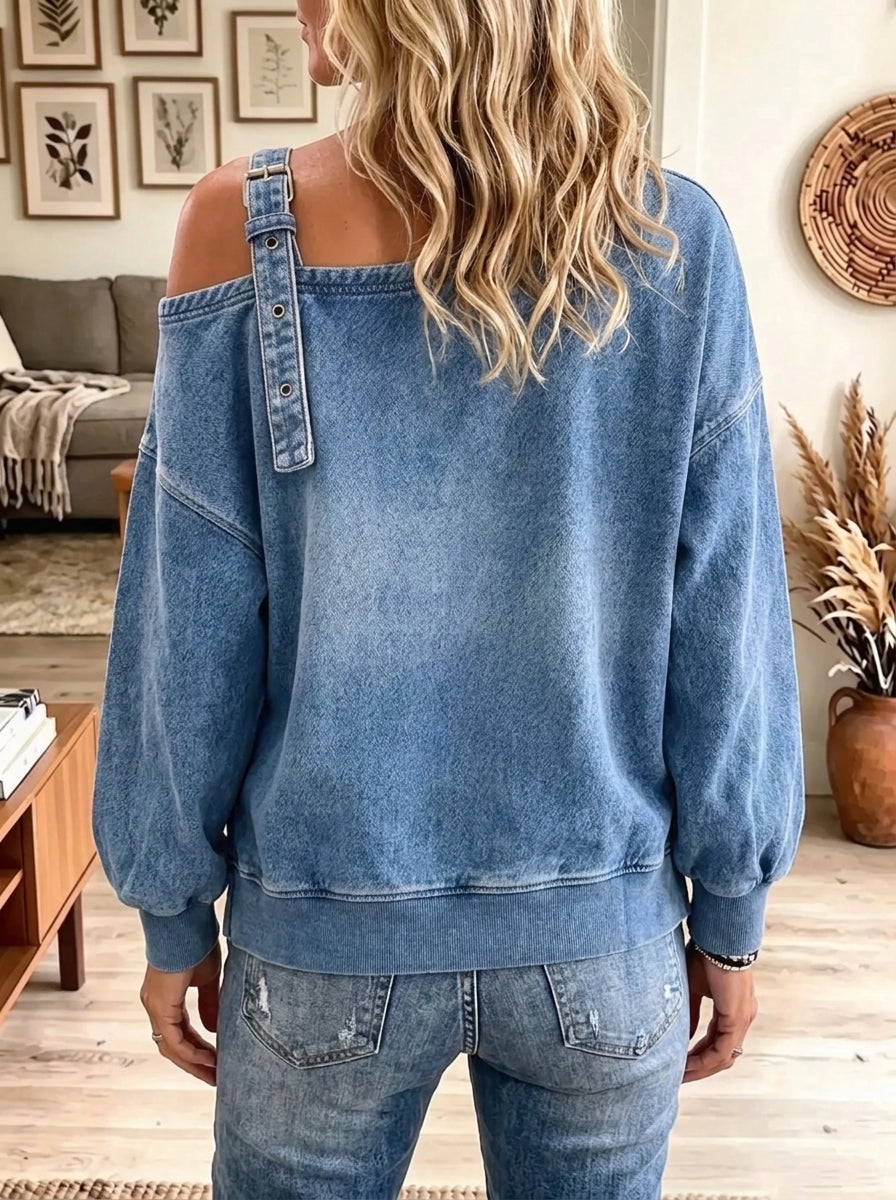 Women's Asymmetrical Overall Strap Washed Denim Sweatshirt