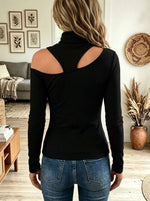 Black Turtleneck Cutout Cold Shoulder Ribbed Long Sleeve Top