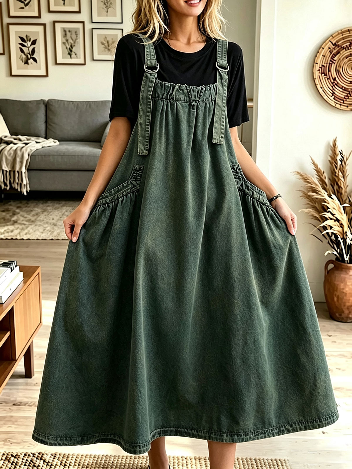 Women Loose Denim Pinafore Midi Dress With Adjustable Straps
