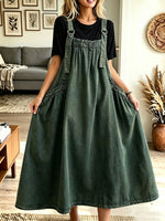 Women Loose Denim Pinafore Midi Dress With Adjustable Straps