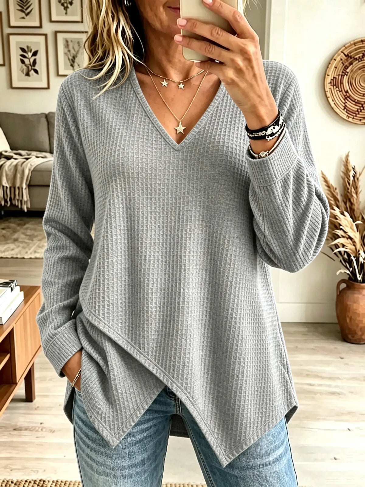 Women's Asymmetrical Hem Waffle Knit V-Neck Top