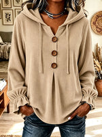Women's Waffle Knit Button Hooded Tunic Blouse