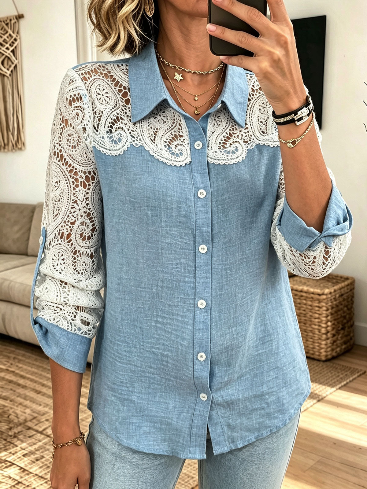Women Collared Button‑Down Lace Spliced Roll‑Tab Long Sleeve Blouse