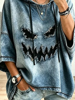 Retro Funny Halloween Pattern Art Casual Long Sleeve Hooded Denim Sweatshirt