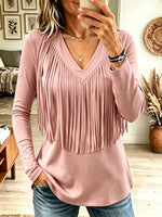Women's V-Neck Tassel Fringe Long-Sleeve Top