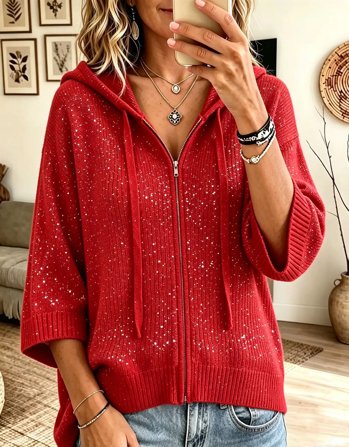 Women's Glitter Ribbed Full-Zip Hooded Cardigan