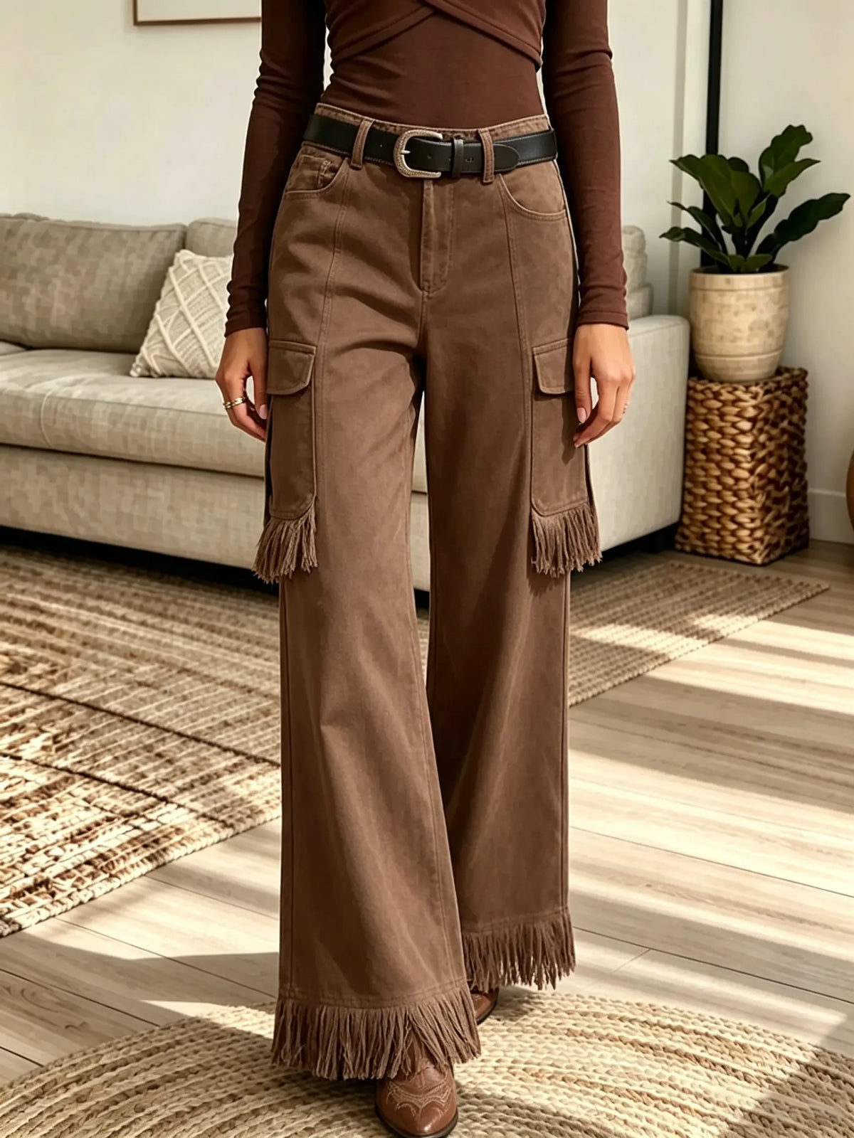 Women's Fringe Hem Cargo Pocket Wide-Leg Pants