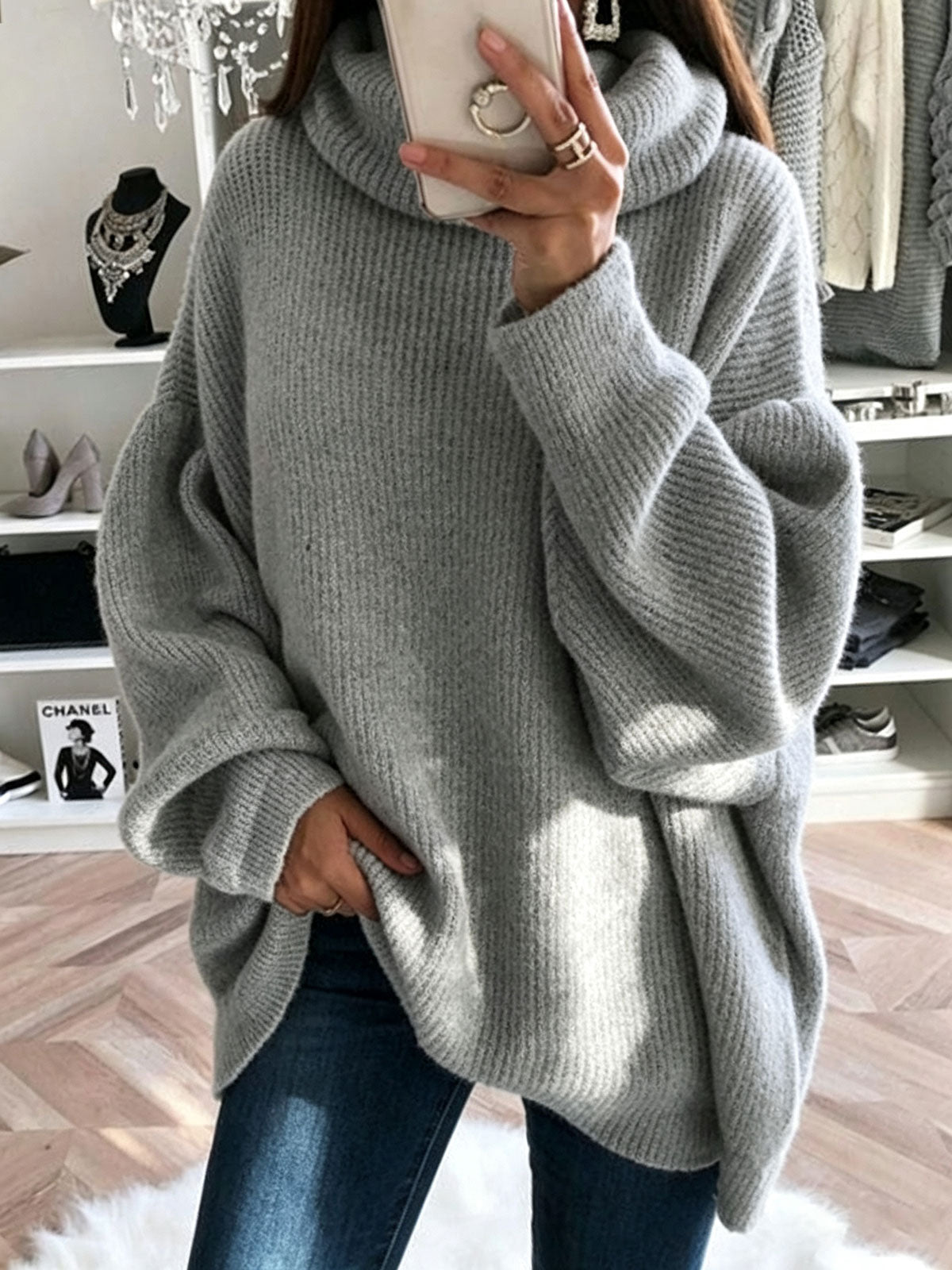 Women Oversized Turtleneck Ribbed Knit Slit Hem Sweater