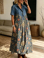 Retro Floral Pattern Art Print Casual Stylish Lapel Denim Patchwork Dress
