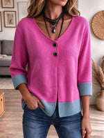 Women's V Neck Color Block Knit Cardigan