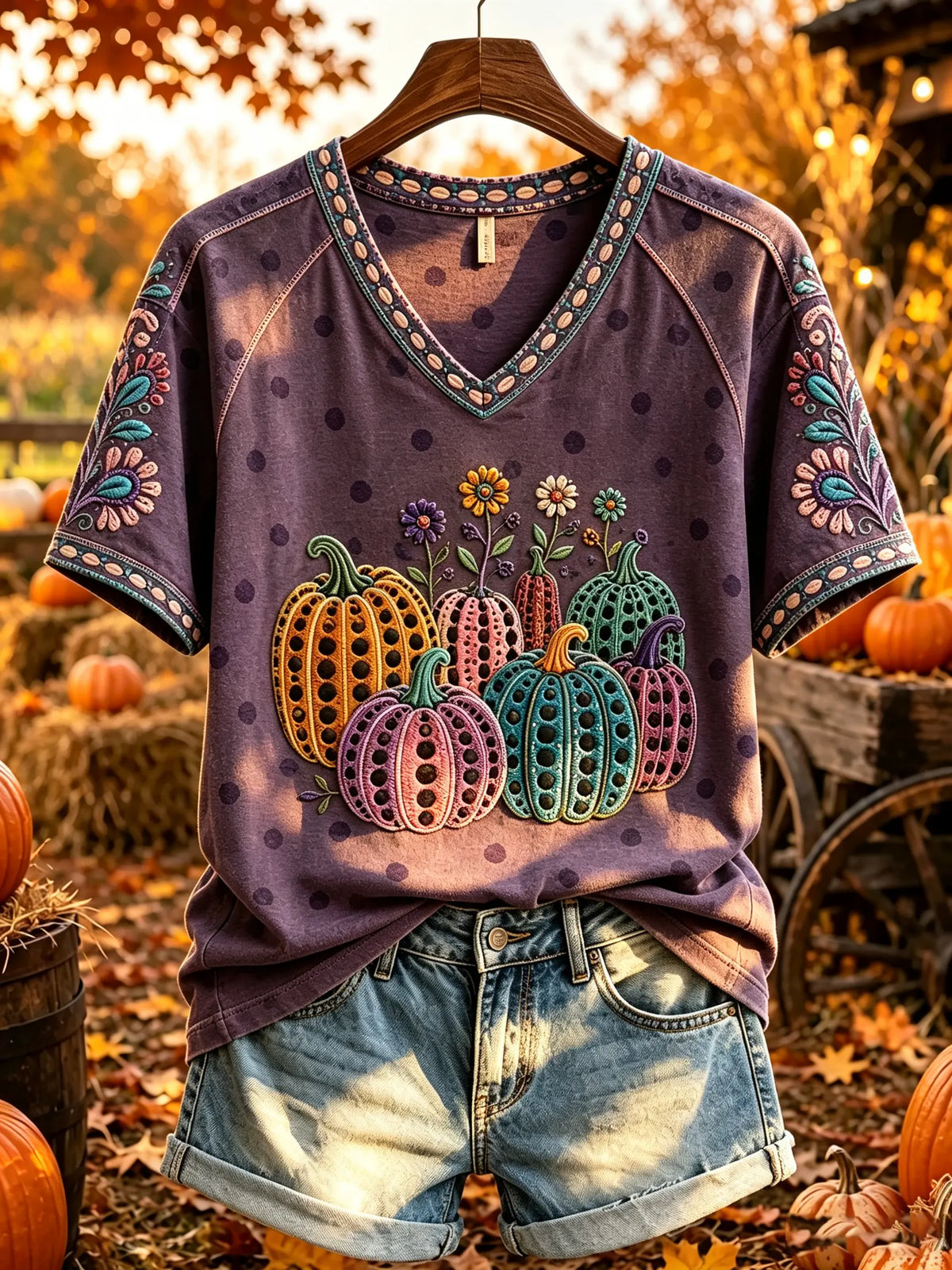 Women's Pumpkin Patchwork V-Neck T-Shirt