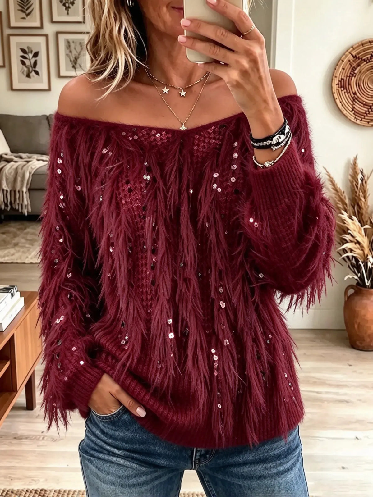 Women's Off-the-Shoulder Feather Sequin Knit Sweater