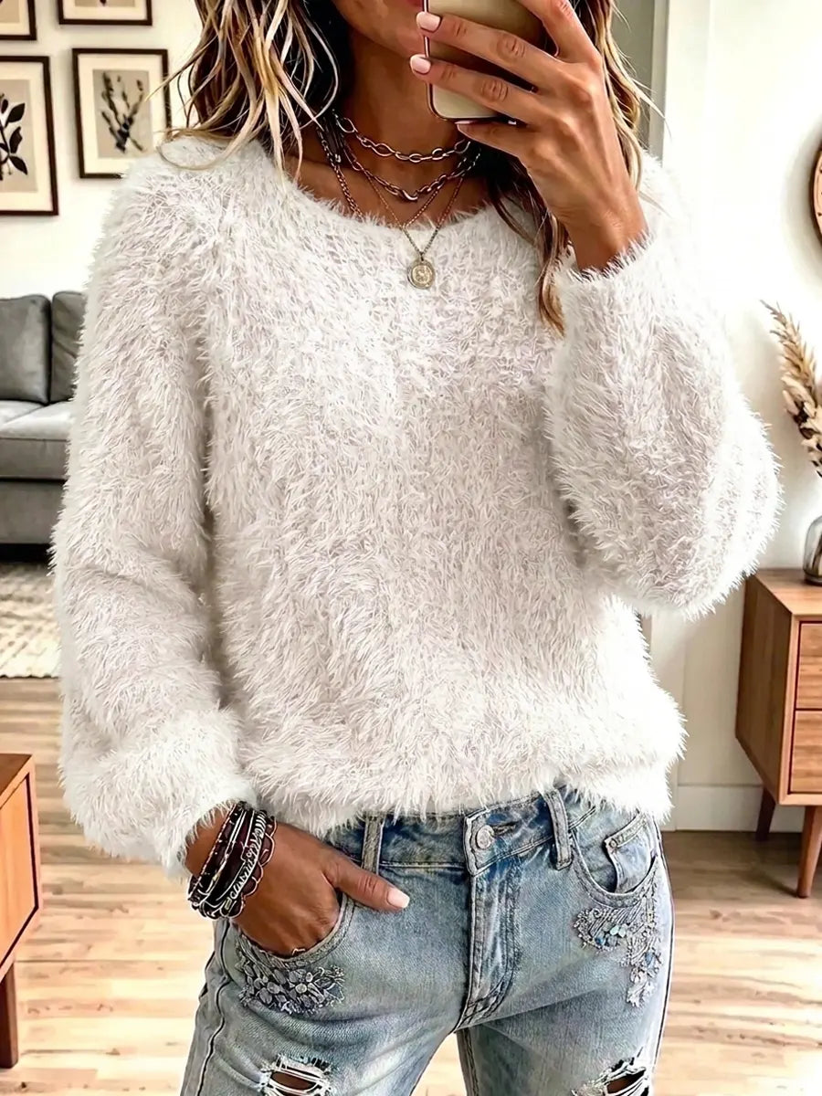 Vintage Chic Round Collar Fuzzy Art Casual Stylish Long Sleeve Top