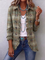Retro Plaid Art Pattern Print Ruffle Casual Stylish Cotton Lapel Coat