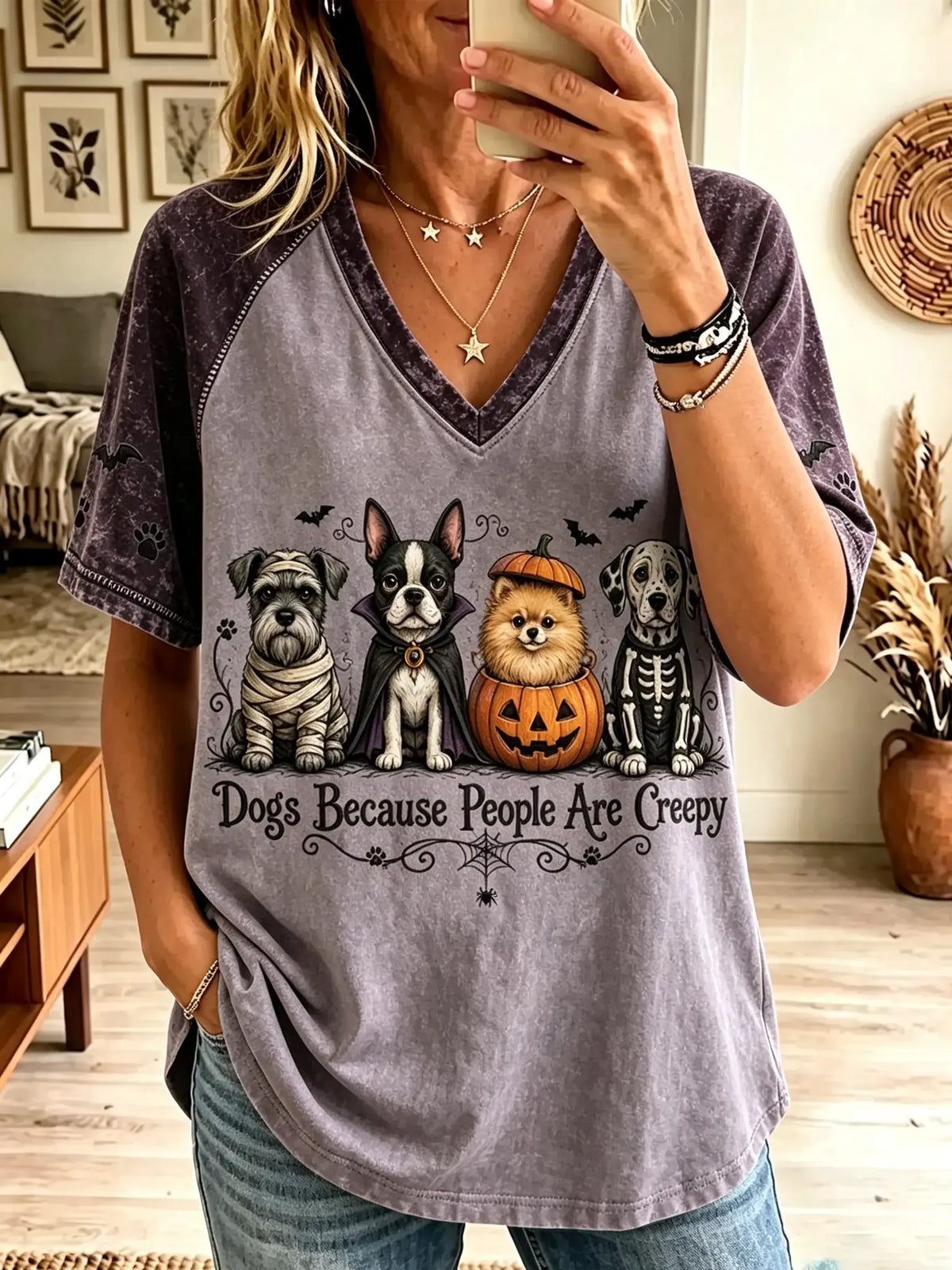 Women's Halloween Costumed Dogs Graphic V-Neck T-Shirt