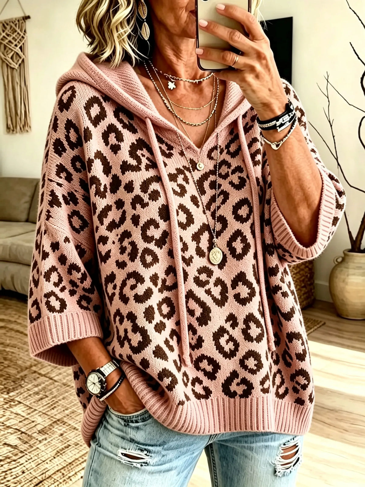 Women Leopard Print 3/4 Sleeve Hooded Knit Top