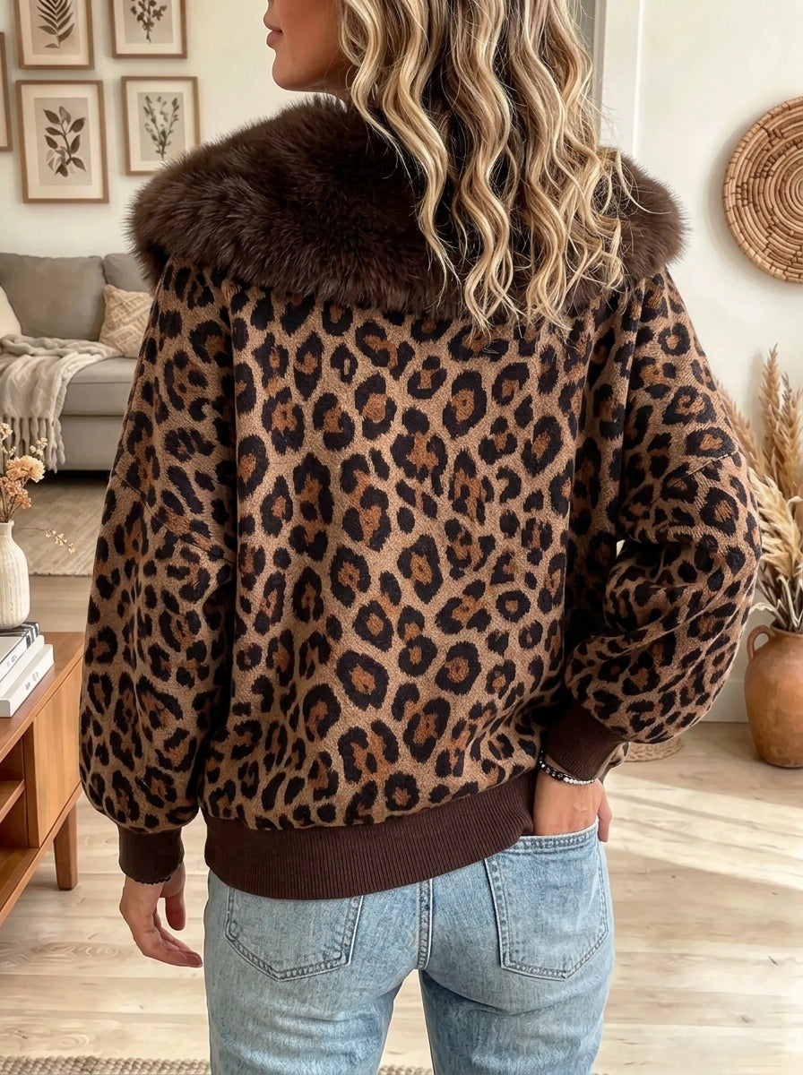 Women's Leopard Faux Fur Collar Zip-Up Fleece Jacket