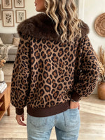 Women's Leopard Faux Fur Collar Zip-Up Fleece Jacket