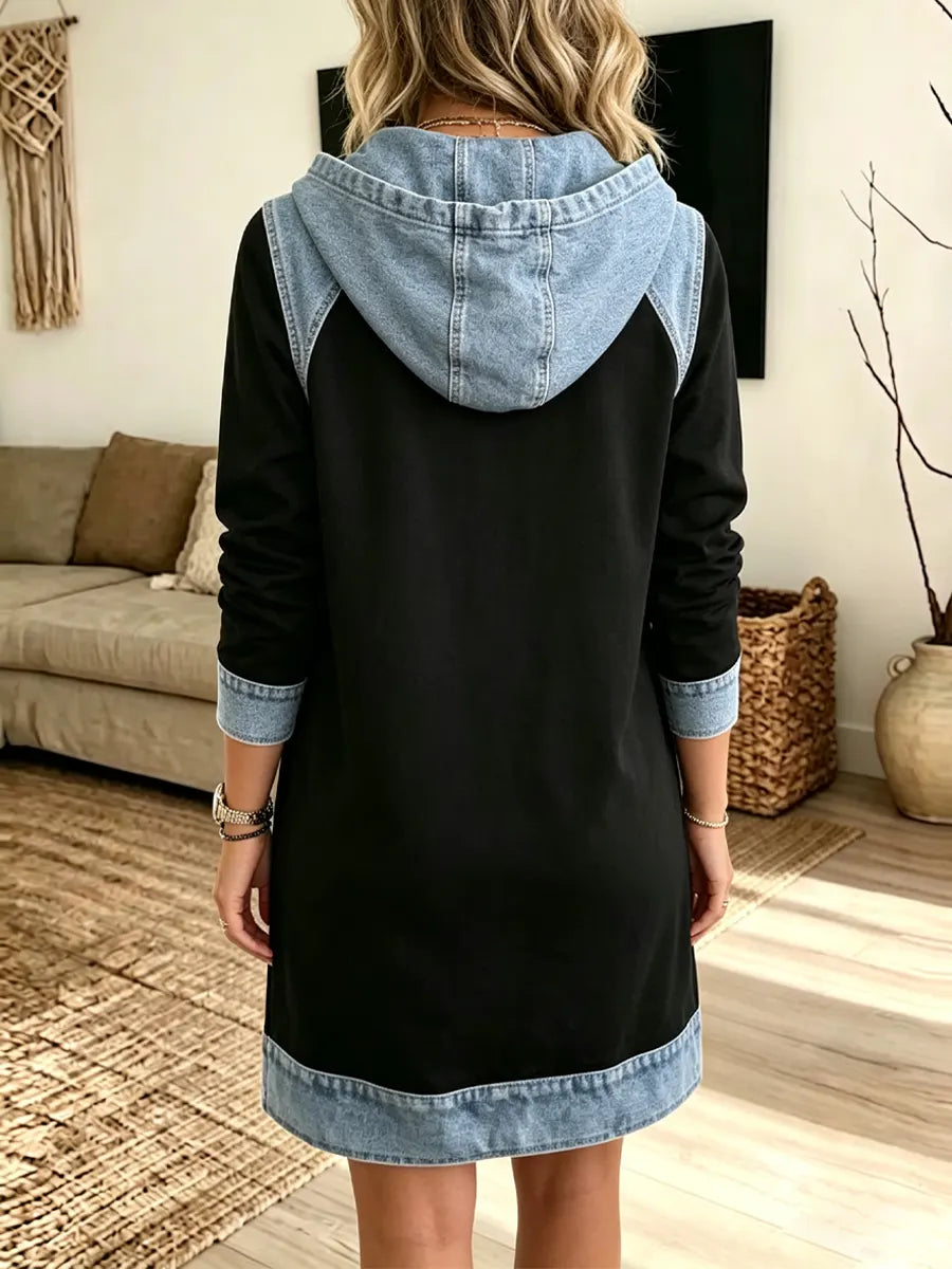 Retro Hooded Denim Patchwork Art Casual Stylish Long Sleeve Sweatshirt Dress