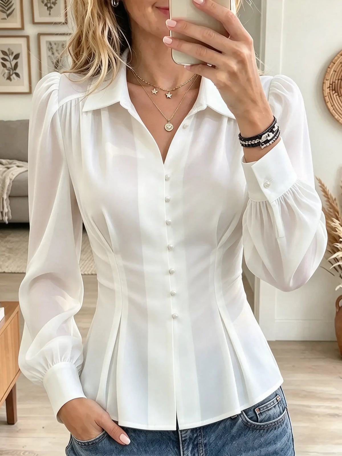Women's Puff Sleeve Fitted Chiffon Shirt