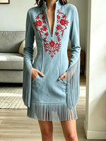 Vintage Western Fringe Zip Art Casual Stylish Long Sleeve Suede Midi Dress