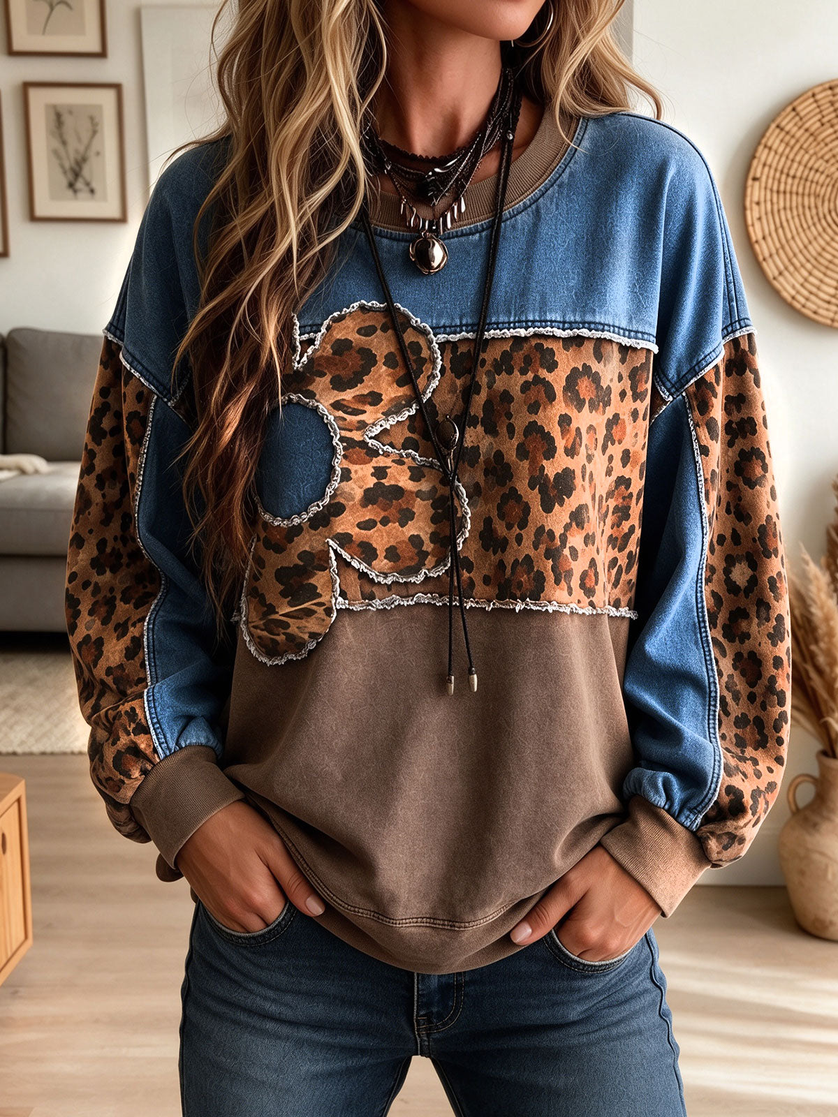 Women Denim Leopard Patchwork Sweatshirt, Round Neck Long Sleeve Loose Pullover