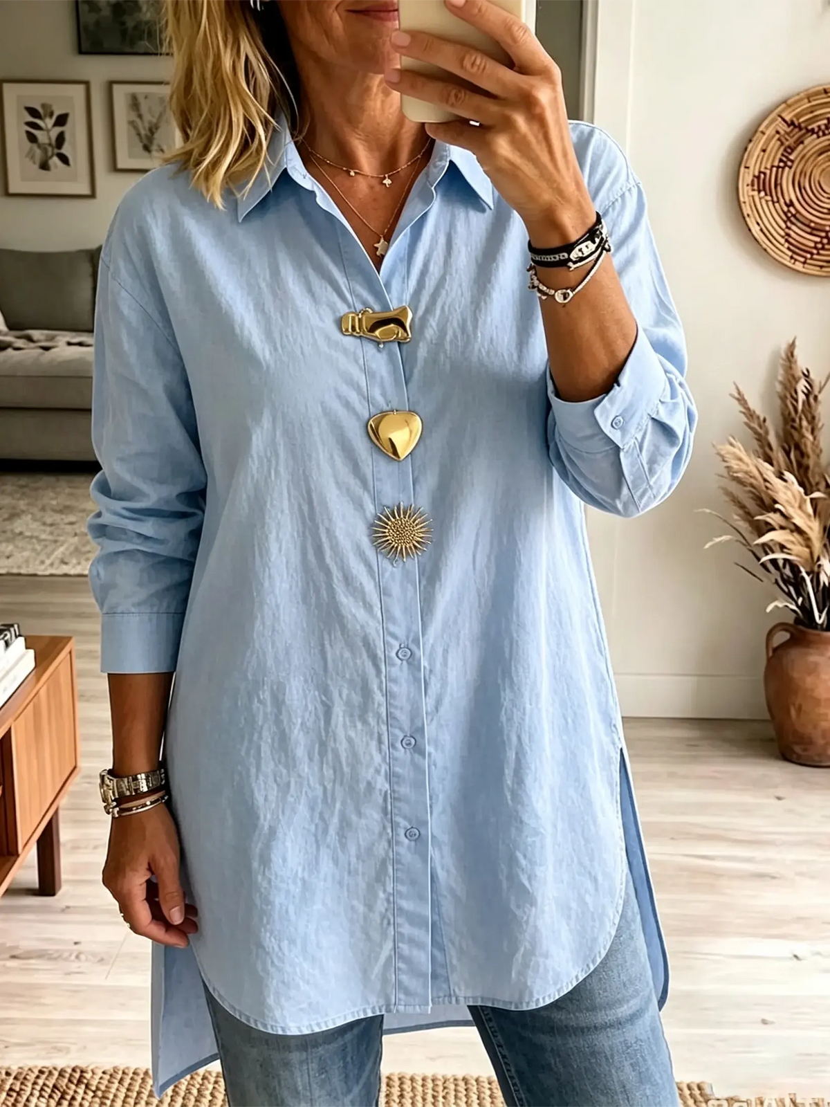 Women's Sculptural Metallic Button Longline Shirt