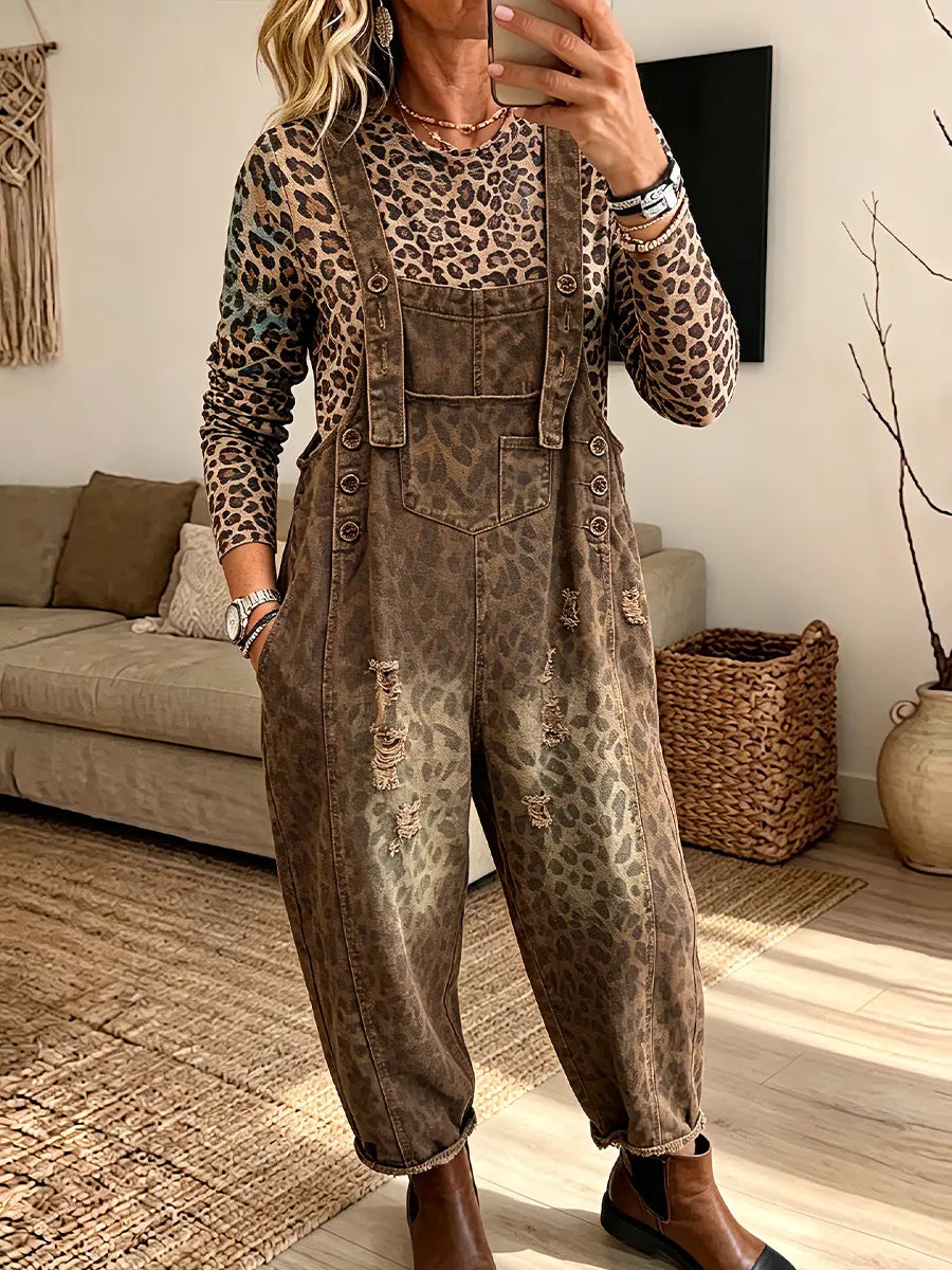 Vintage Elegant Leopard Print Washed Cotton Jumpsuit