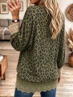 Women's Green Leopard Print Long-sleeve Crew-neck Top With Lace Panels