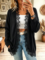 Women's Eyelash Lace Trim Ribbed Open-Front Cardigan