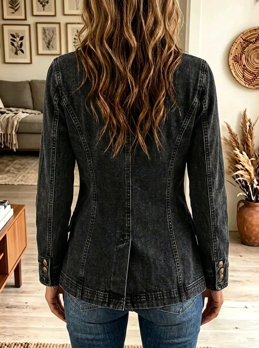 Women's Double-Breasted Washed Black Denim Blazer