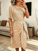Vintage Elegant Sequined Off-shoulder Irregular Tie-up Dress