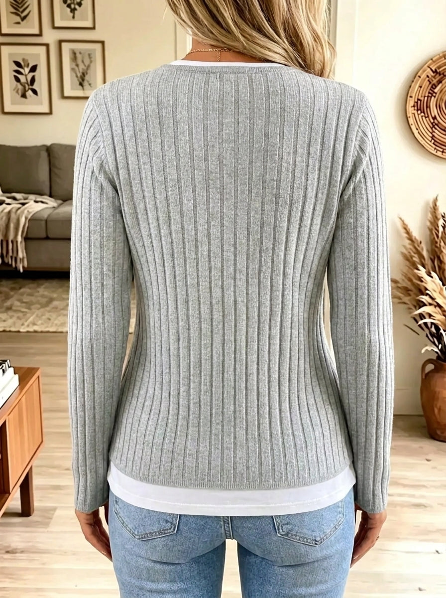 Women's Layered Look Button Henley Ribbed Sweate