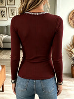 Women's Rhinestone Keyhole Ribbed Knit Top