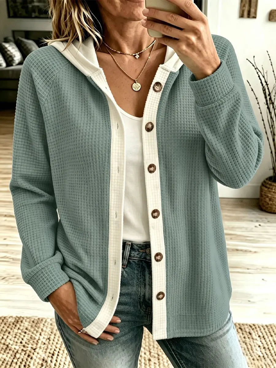 Retro Waffle Hooded Art Casual Stylish Long Sleeve Coat